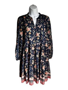 indigo soul Navy Floral Long-Sleeve Tiered Dress